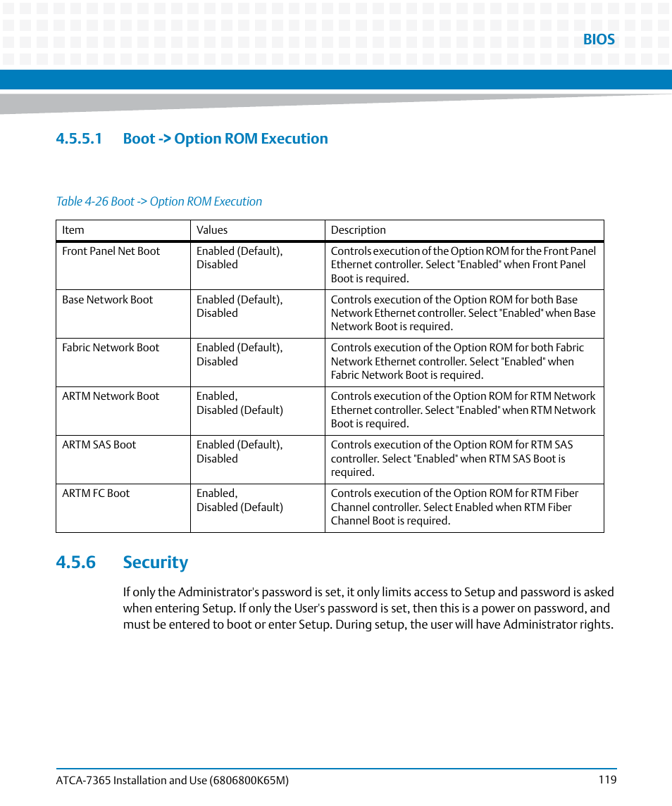 1 boot -> option rom execution, 6 security, Table 4-26 | Boot -> option rom execution, Bios | Artesyn ATCA-7365 Installation and Use (May 2014) User Manual | Page 119 / 300