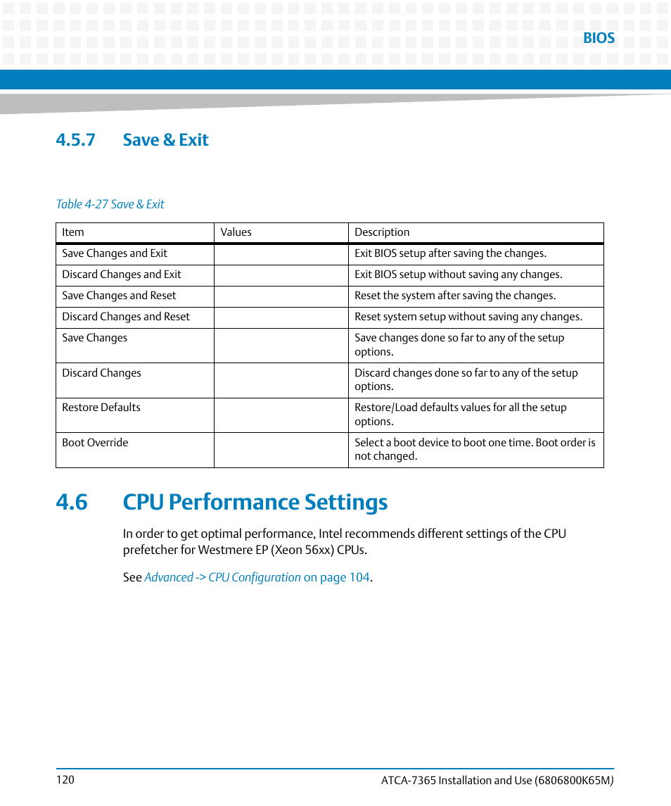 7 save & exit, 6 cpu performance settings, Table 4-27 | Save & exit, Cpu performance settings, Bios | Artesyn ATCA-7365 Installation and Use (May 2014) User Manual | Page 120 / 300