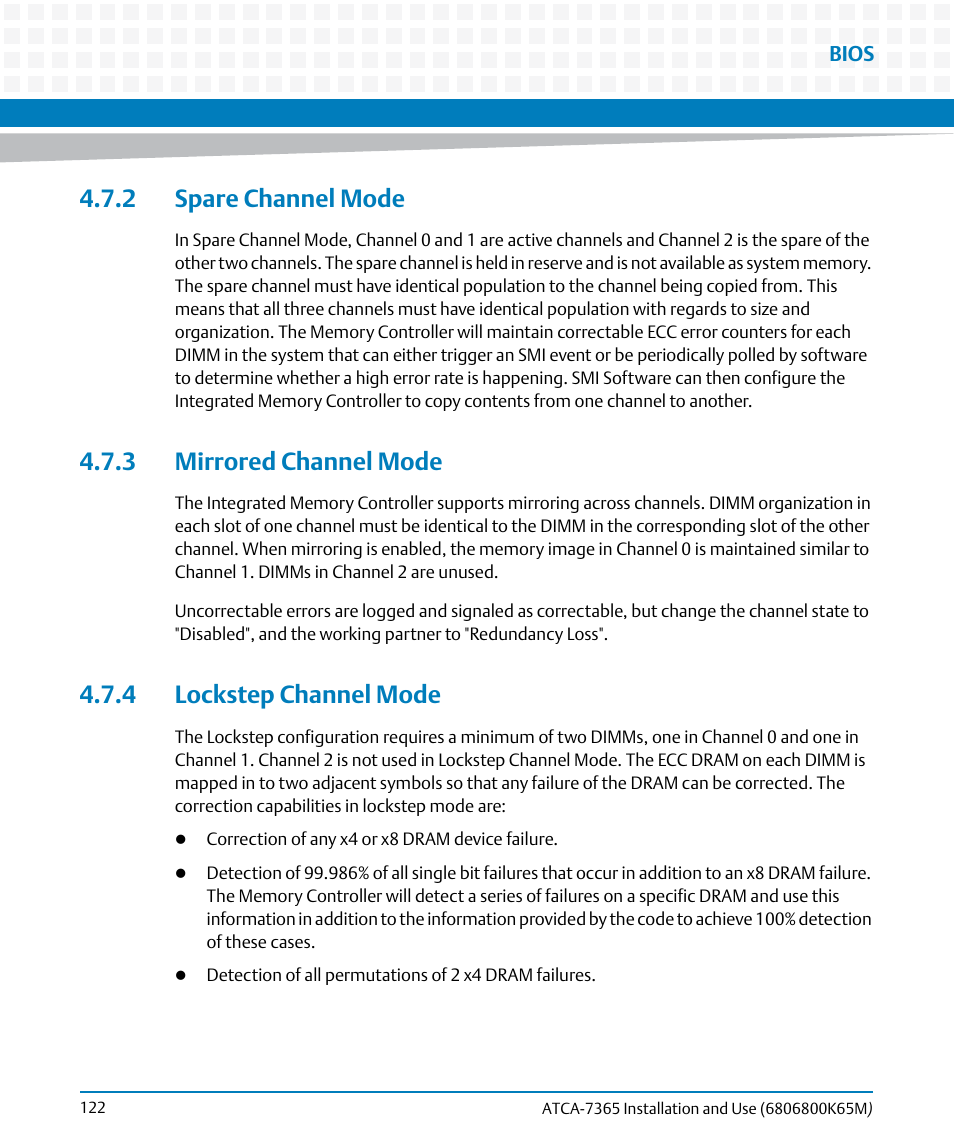 2 spare channel mode, 3 mirrored channel mode, 4 lockstep channel mode | Artesyn ATCA-7365 Installation and Use (May 2014) User Manual | Page 122 / 300