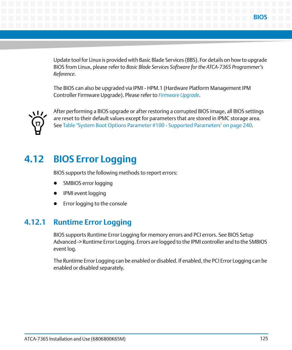 12 bios error logging, 1 runtime error logging, Runtime error logging | Artesyn ATCA-7365 Installation and Use (May 2014) User Manual | Page 125 / 300