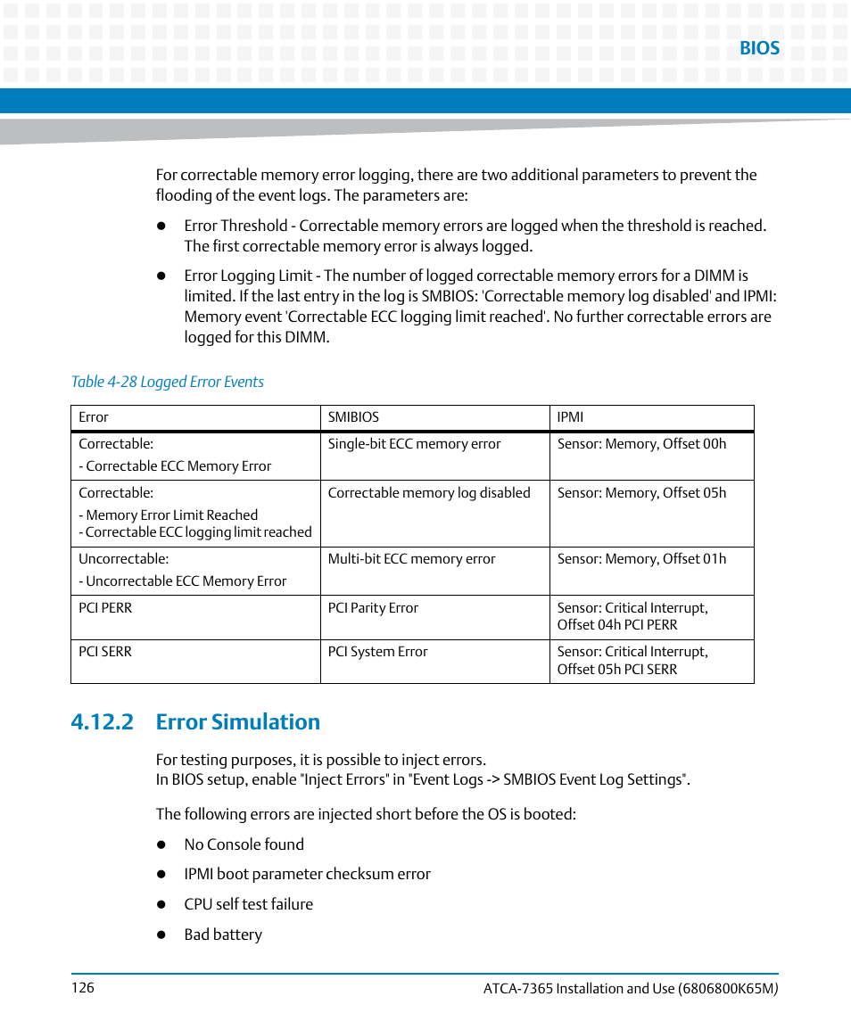 2 error simulation, Table 4-28, Logged error events | Bios | Artesyn ATCA-7365 Installation and Use (May 2014) User Manual | Page 126 / 300
