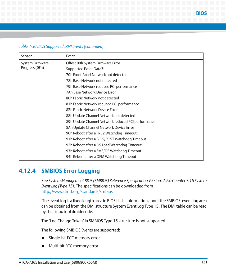 4 smbios error logging, Smbios error logging, Bios | Artesyn ATCA-7365 Installation and Use (May 2014) User Manual | Page 131 / 300