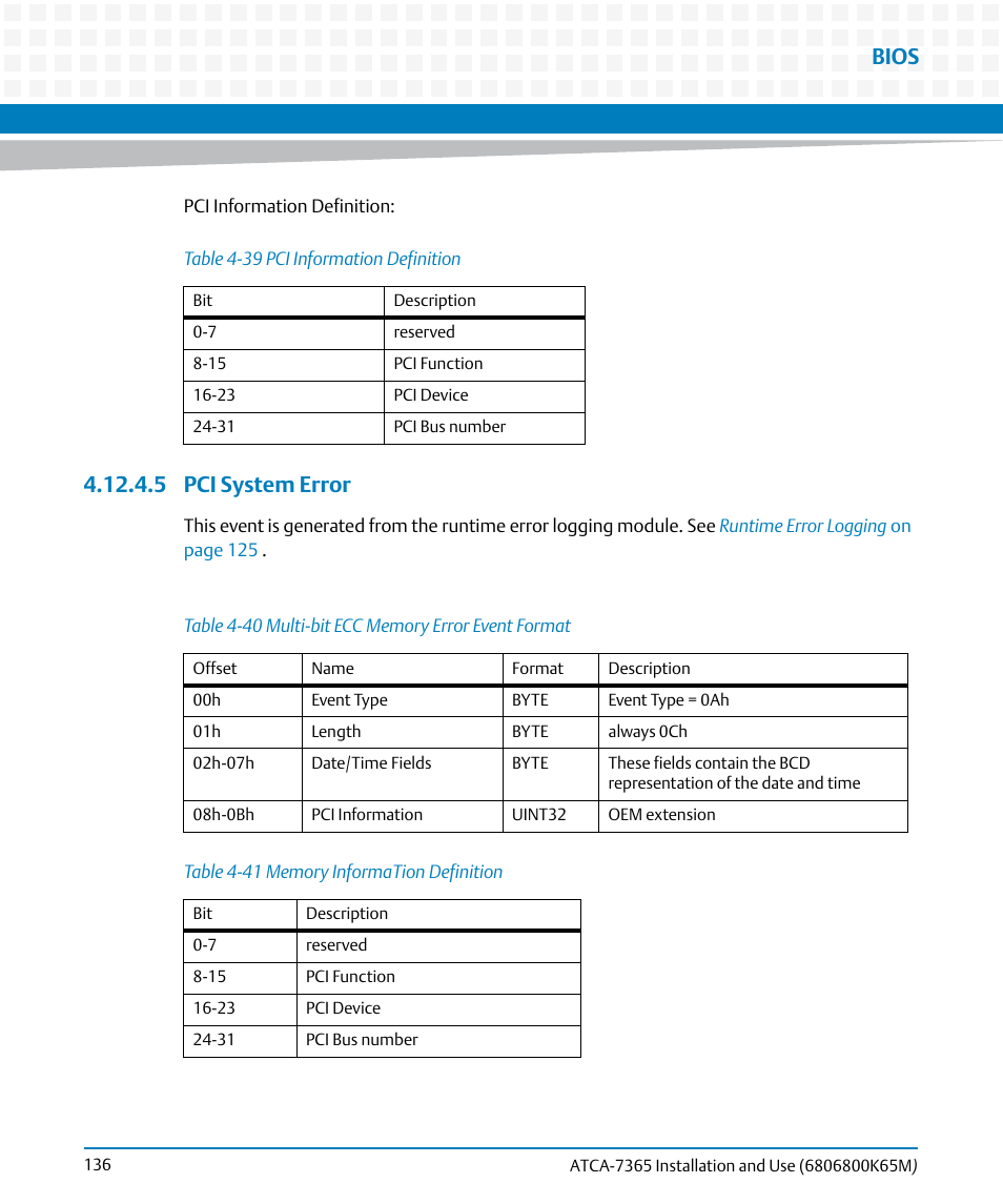 5 pci system error, Table 4-39, Pci information definition | Table 4-40, Multi-bit ecc memory error event format, Table 4-41, Memory information definition, Bios | Artesyn ATCA-7365 Installation and Use (May 2014) User Manual | Page 136 / 300