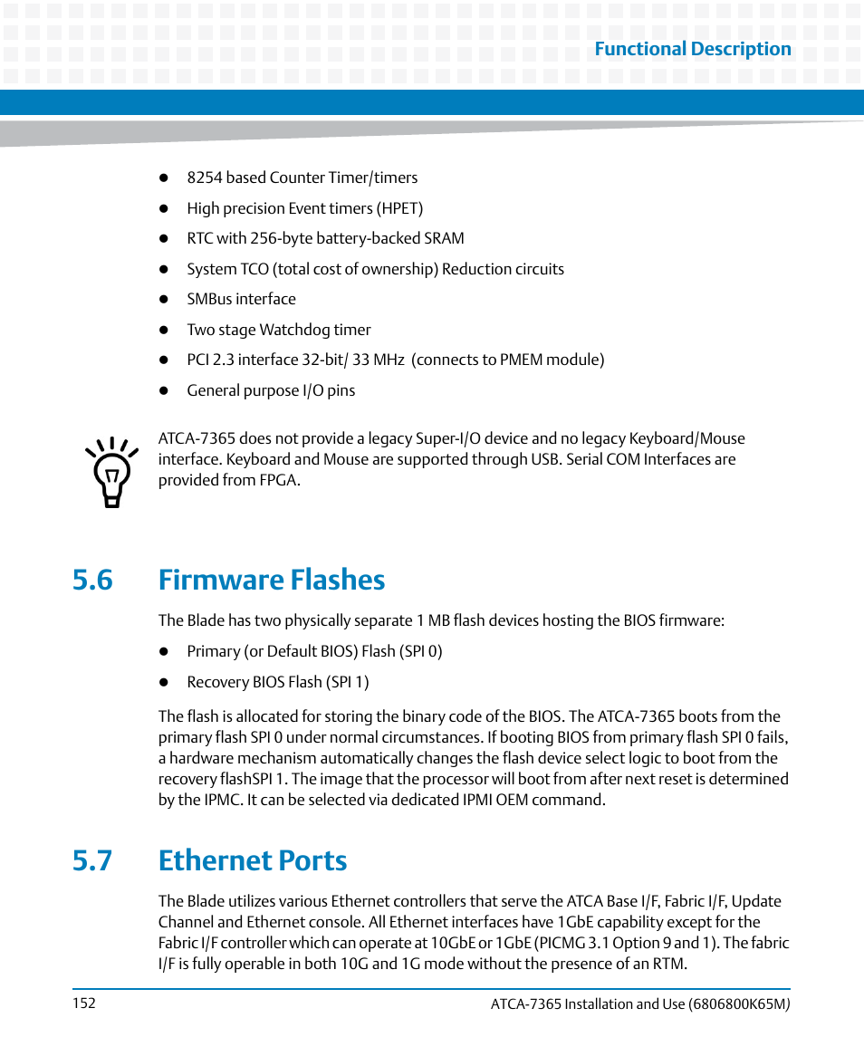 6 firmware flashes, 7 ethernet ports, 6 firmware flashes 5.7 ethernet ports | Artesyn ATCA-7365 Installation and Use (May 2014) User Manual | Page 152 / 300