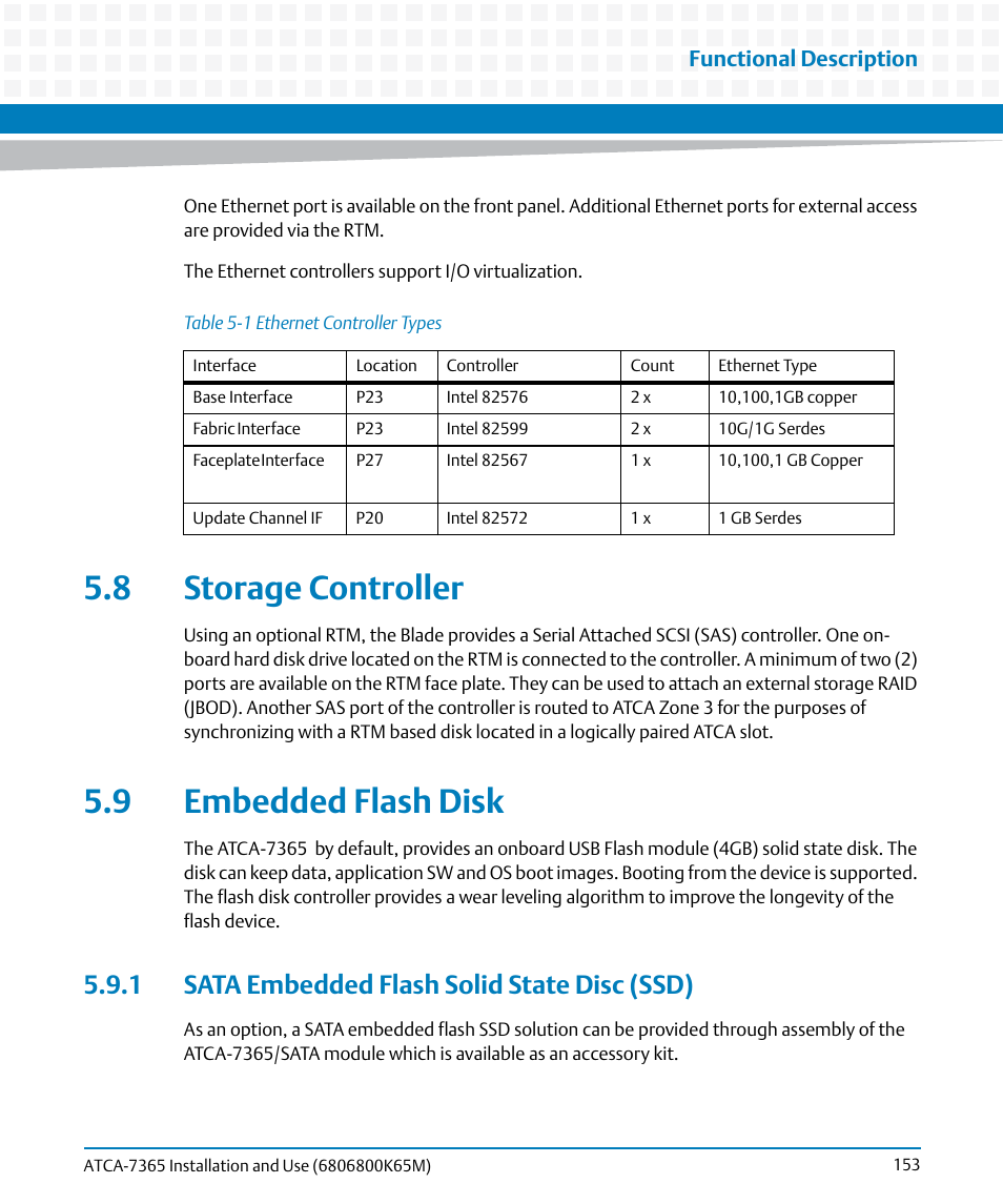 8 storage controller, 9 embedded flash disk, 1 sata embedded flash solid state disc (ssd) | 8 storage controller 5.9 embedded flash disk, Table 5-1, Ethernet controller types, Functional description | Artesyn ATCA-7365 Installation and Use (May 2014) User Manual | Page 153 / 300