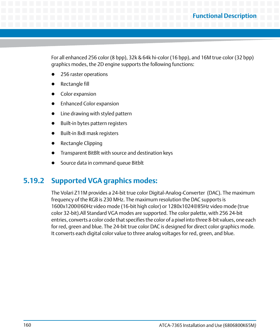 2 supported vga graphics modes, Functional description | Artesyn ATCA-7365 Installation and Use (May 2014) User Manual | Page 160 / 300