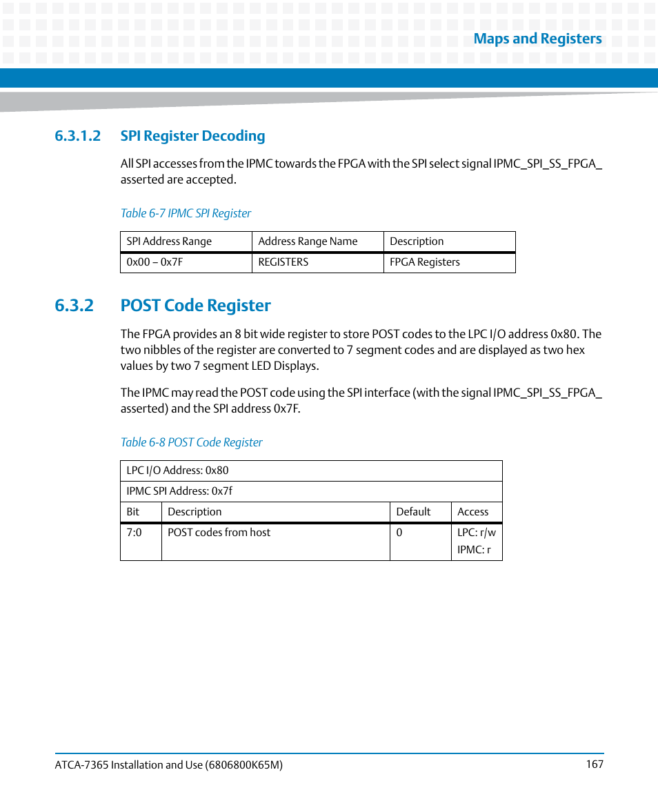 2 spi register decoding, 2 post code register, Table 6-7 | Ipmc spi register, Table 6-8, Post code register, Maps and registers | Artesyn ATCA-7365 Installation and Use (May 2014) User Manual | Page 167 / 300