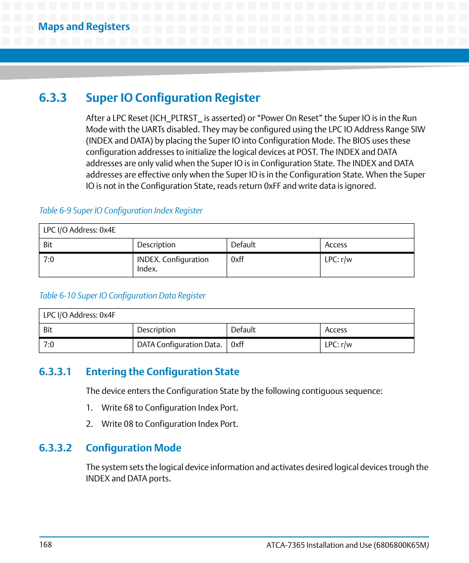 3 super io configuration register, 1 entering the configuration state, 2 configuration mode | Table 6-9, Super io configuration index register, Table 6-10, Super io configuration data register, Maps and registers | Artesyn ATCA-7365 Installation and Use (May 2014) User Manual | Page 168 / 300
