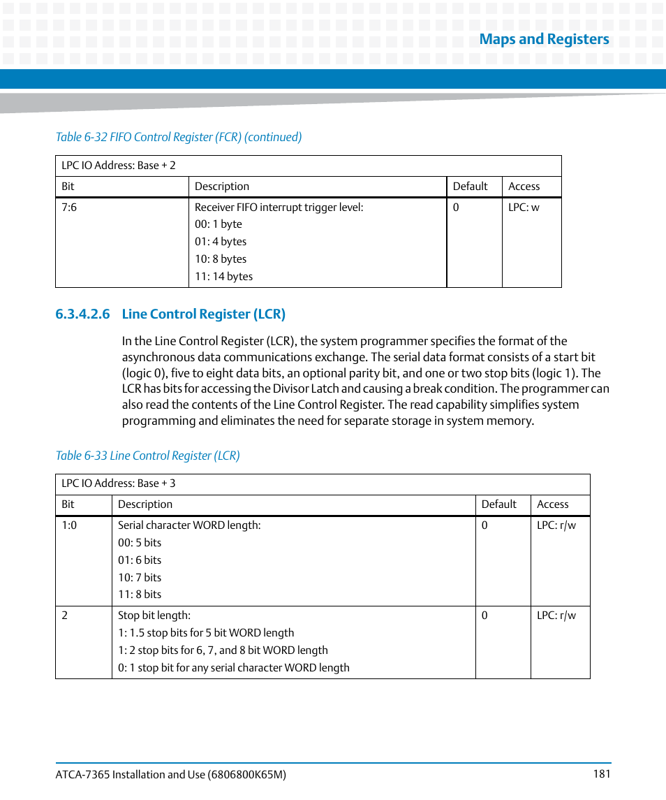 Table 6-33, Line control register (lcr), Maps and registers | Artesyn ATCA-7365 Installation and Use (May 2014) User Manual | Page 181 / 300