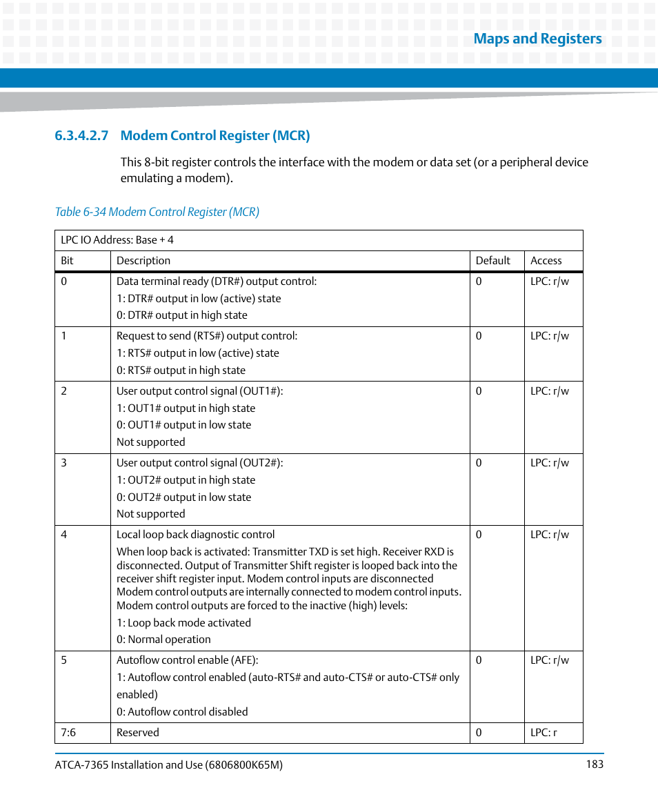 Table 6-34, Modem control register (mcr), Maps and registers | 7 modem control register (mcr) | Artesyn ATCA-7365 Installation and Use (May 2014) User Manual | Page 183 / 300