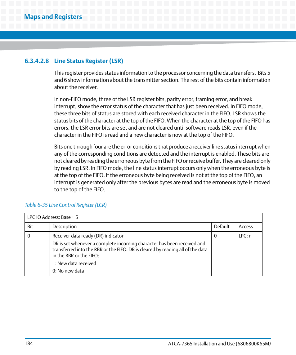 Table 6-35, Line control register (lcr), Maps and registers | Artesyn ATCA-7365 Installation and Use (May 2014) User Manual | Page 184 / 300