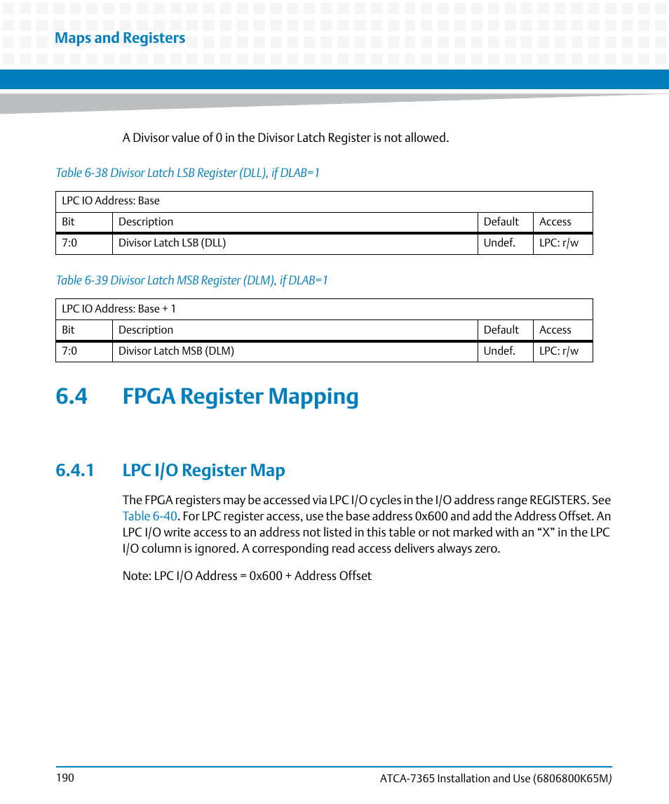 4 fpga register mapping, 1 lpc i/o register map, Table 6-38 | Divisor latch lsb register (dll), if dlab=1, Table 6-39, Divisor latch msb register (dlm), if dlab=1, Maps and registers | Artesyn ATCA-7365 Installation and Use (May 2014) User Manual | Page 190 / 300
