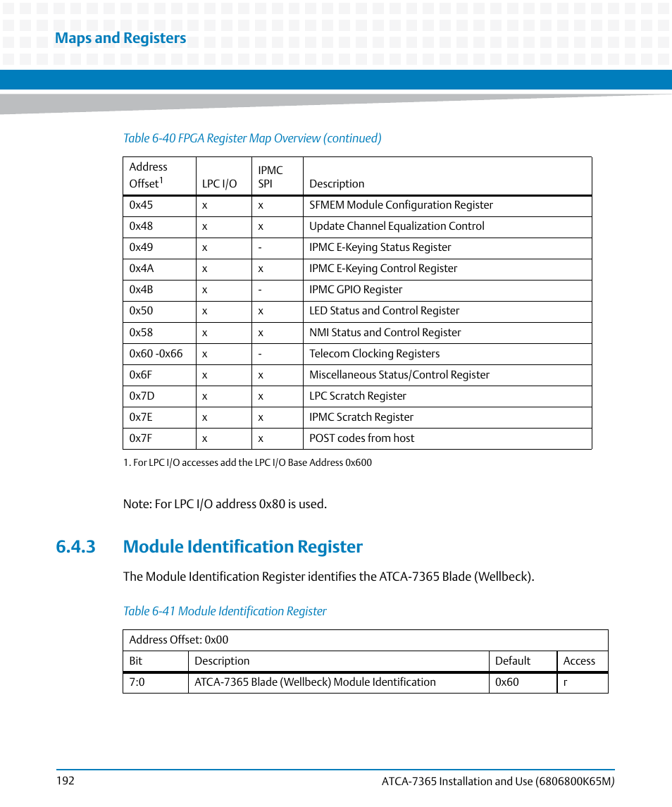 3 module identification register, Table 6-41, Module identification register | Maps and registers | Artesyn ATCA-7365 Installation and Use (May 2014) User Manual | Page 192 / 300