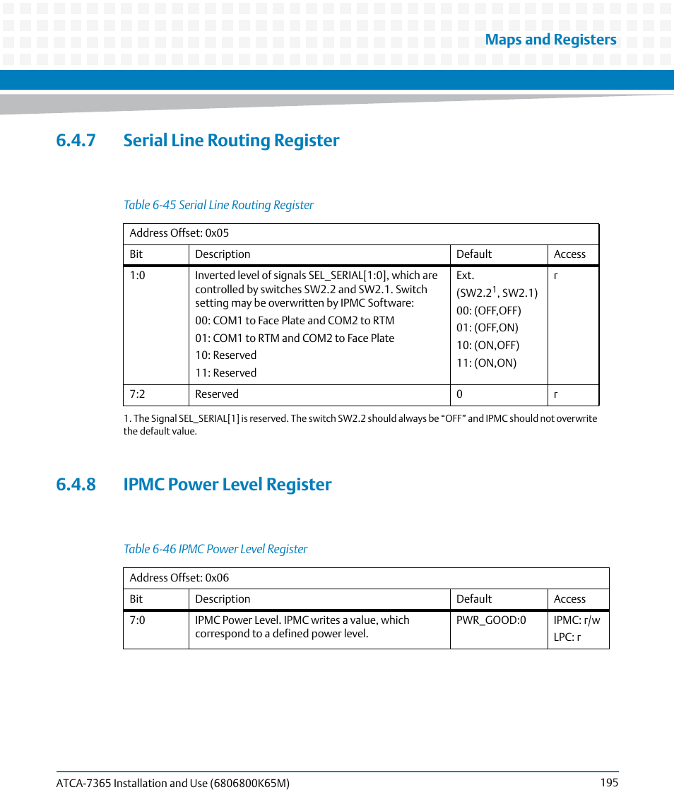 7 serial line routing register, 8 ipmc power level register, Table 6-45 | Serial line routing register, Table 6-46, Ipmc power level register, Maps and registers | Artesyn ATCA-7365 Installation and Use (May 2014) User Manual | Page 195 / 300