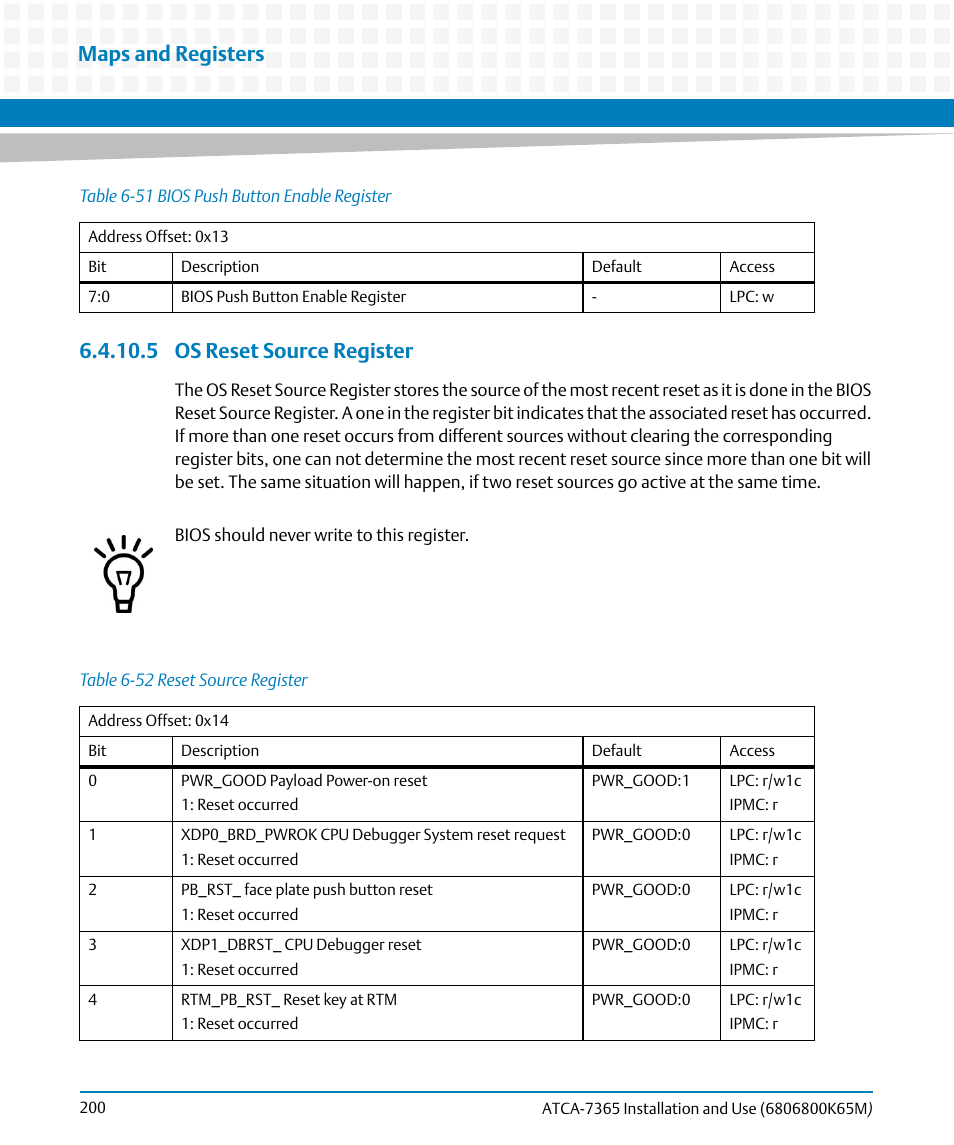5 os reset source register, Table 6-51, Bios push button enable register | Table 6-52, Reset source register, Maps and registers | Artesyn ATCA-7365 Installation and Use (May 2014) User Manual | Page 200 / 300