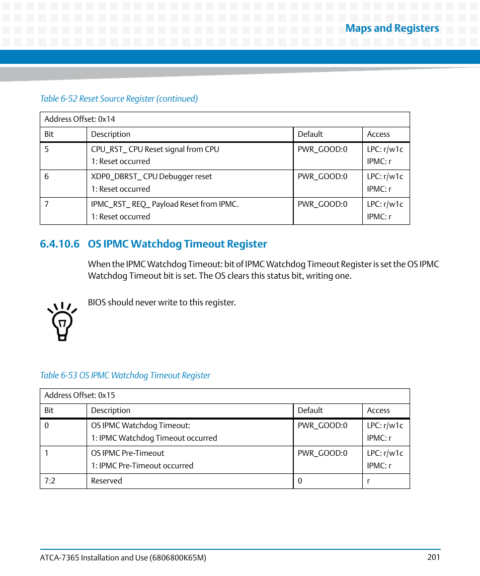 6 os ipmc watchdog timeout register, Table 6-53, Os ipmc watchdog timeout register | Maps and registers | Artesyn ATCA-7365 Installation and Use (May 2014) User Manual | Page 201 / 300