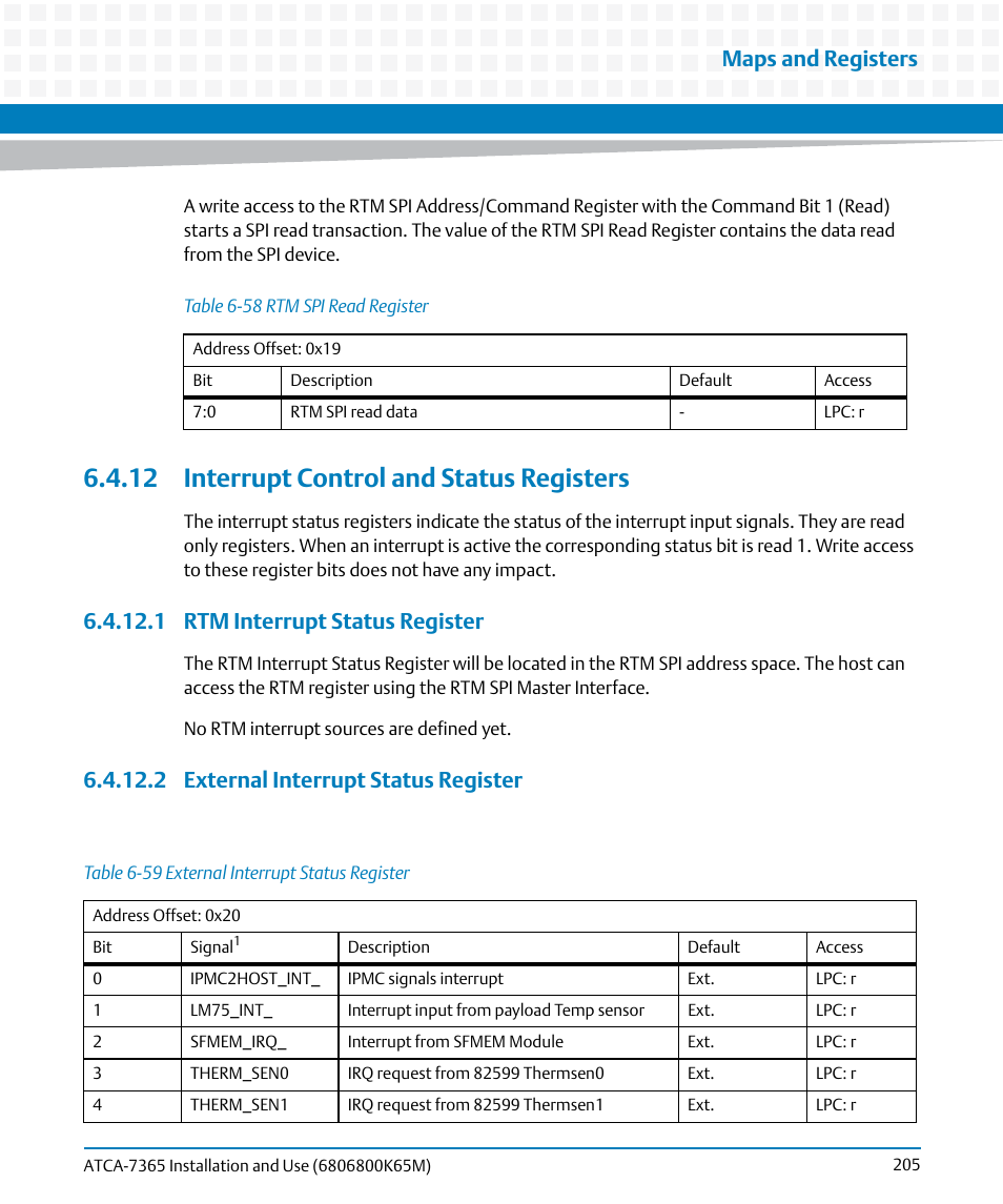 12 interrupt control and status registers, 1 rtm interrupt status register, 2 external interrupt status register | Table 6-58, Rtm spi read register, Table 6-59, External interrupt status register, Maps and registers | Artesyn ATCA-7365 Installation and Use (May 2014) User Manual | Page 205 / 300