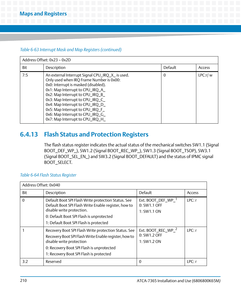 13 flash status and protection registers, Table 6-64, Flash status register | Maps and registers | Artesyn ATCA-7365 Installation and Use (May 2014) User Manual | Page 210 / 300