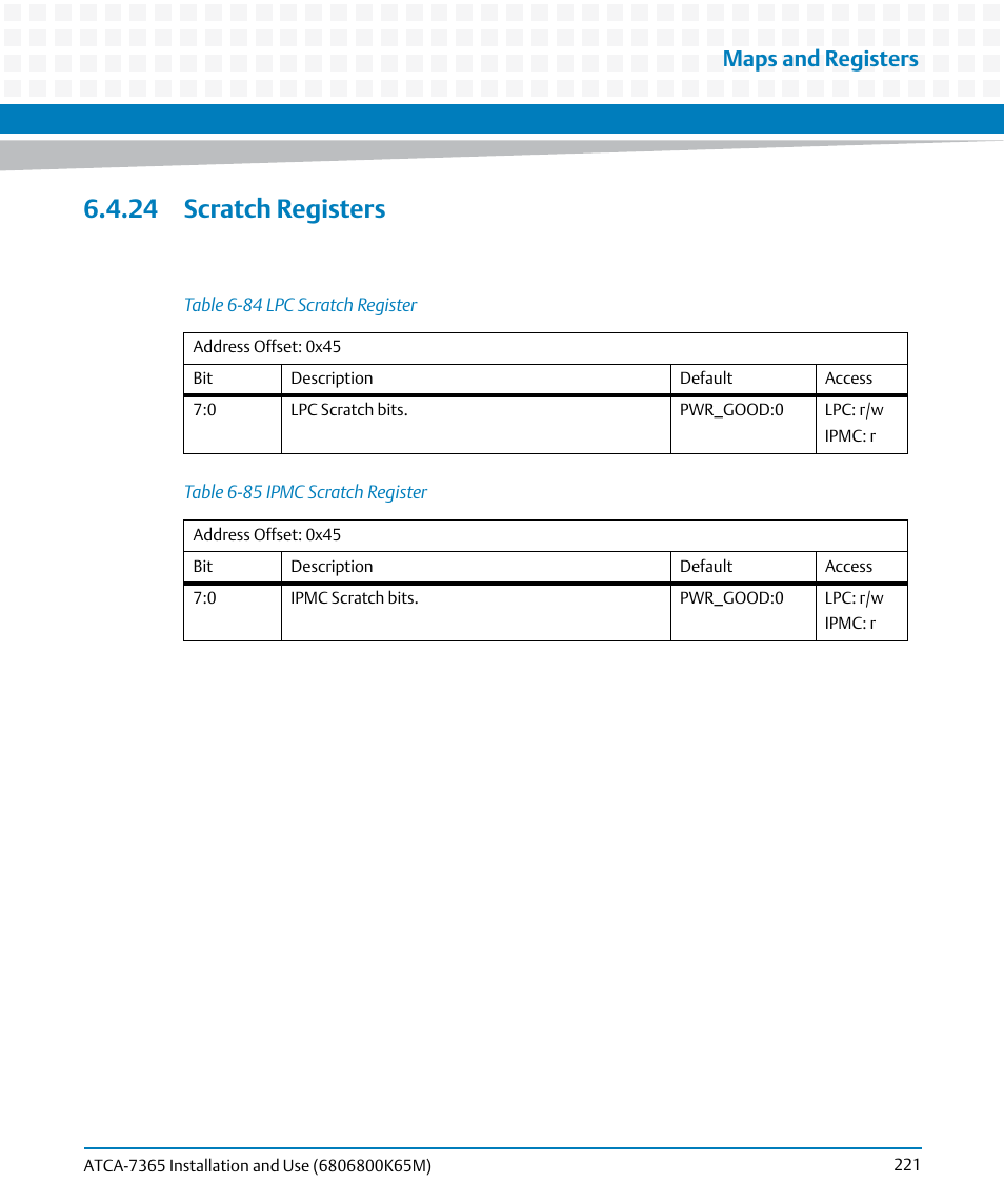 24 scratch registers, Table 6-84, Lpc scratch register | Table 6-85, Ipmc scratch register, Maps and registers | Artesyn ATCA-7365 Installation and Use (May 2014) User Manual | Page 221 / 300
