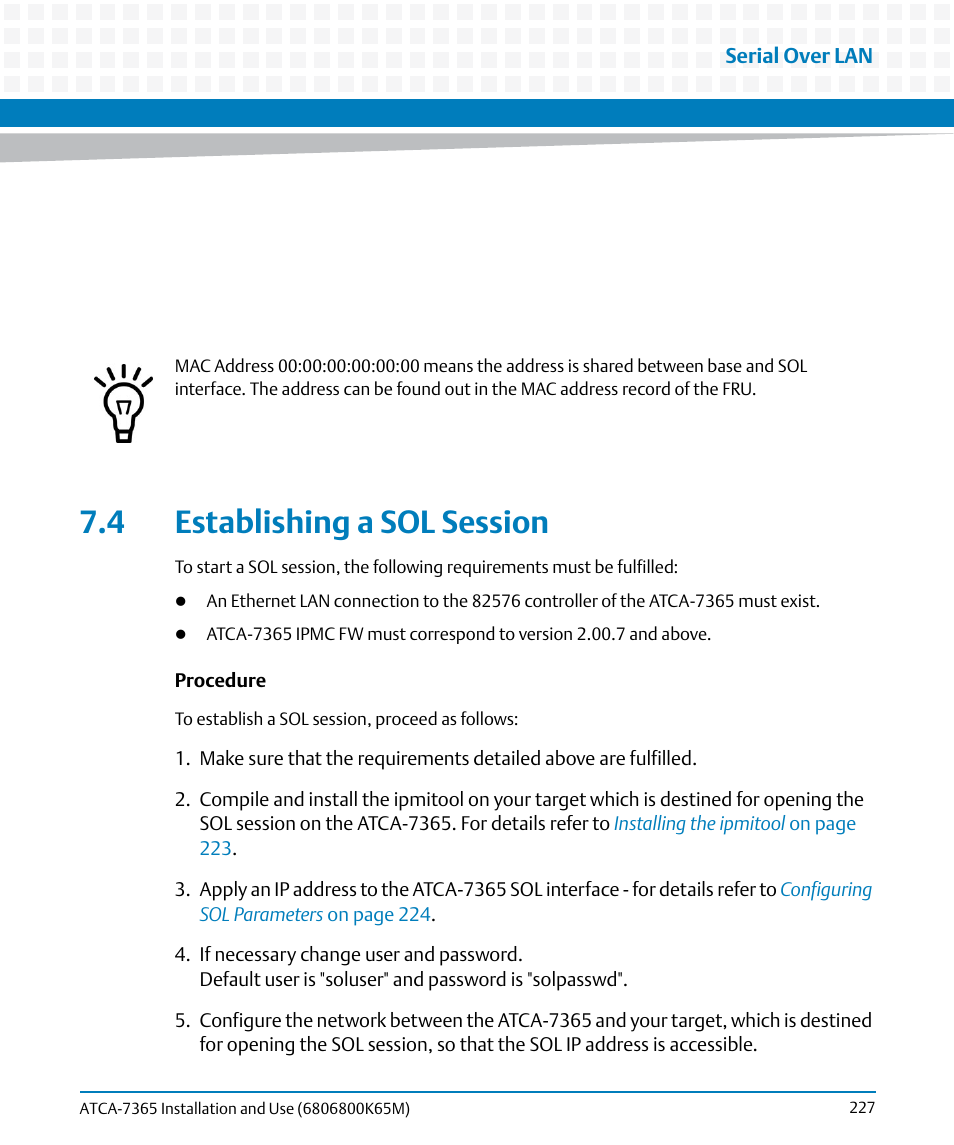 4 establishing a sol session | Artesyn ATCA-7365 Installation and Use (May 2014) User Manual | Page 227 / 300