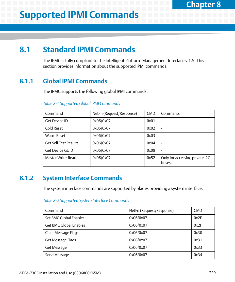 Supported ipmi commands, 1 standard ipmi commands, 1 global ipmi commands | 2 system interface commands, Table 8-1, Supported global ipmi commands, Table 8-2, Supported system interface commands, Chapter 8 | Artesyn ATCA-7365 Installation and Use (May 2014) User Manual | Page 229 / 300