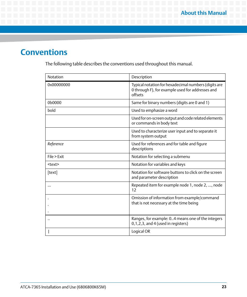 Conventions, About this manual | Artesyn ATCA-7365 Installation and Use (May 2014) User Manual | Page 23 / 300