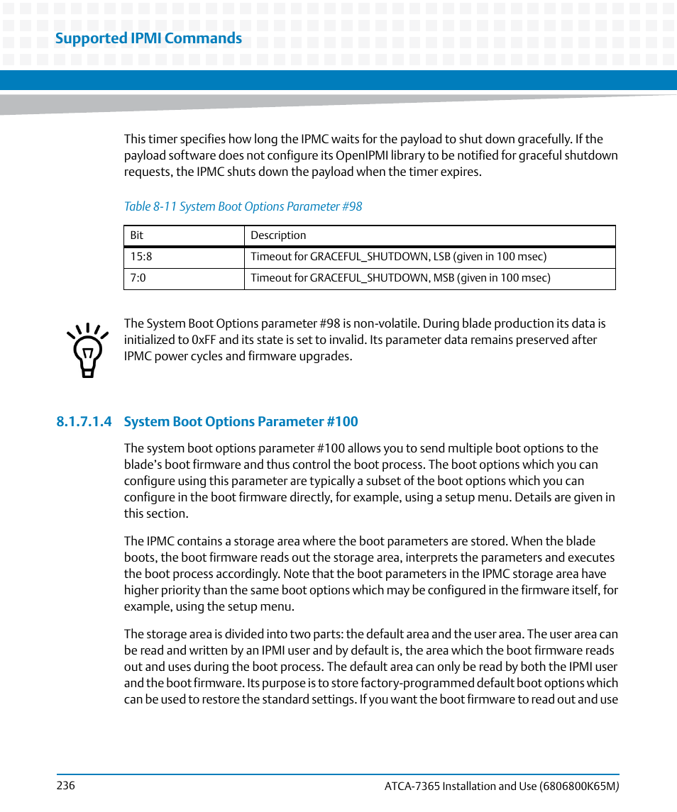 Table 8-11, System boot options parameter #98, N in | System boot options parameter #100, Supported ipmi commands | Artesyn ATCA-7365 Installation and Use (May 2014) User Manual | Page 236 / 300