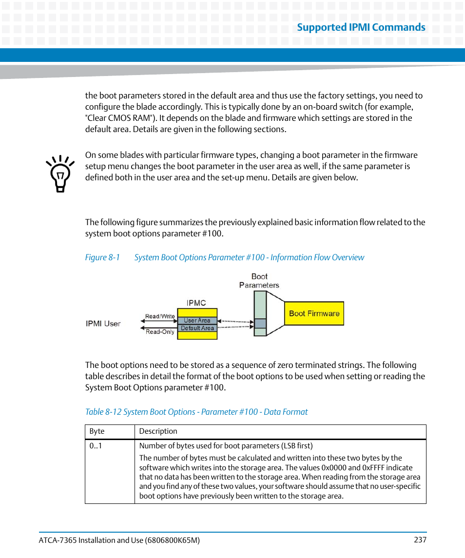 Table 8-12, System boot options - parameter #100 - data format, Figure 8-1 | Supported ipmi commands | Artesyn ATCA-7365 Installation and Use (May 2014) User Manual | Page 237 / 300