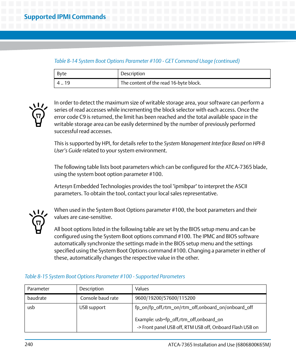 Table 8-15, Supported ipmi commands | Artesyn ATCA-7365 Installation and Use (May 2014) User Manual | Page 240 / 300