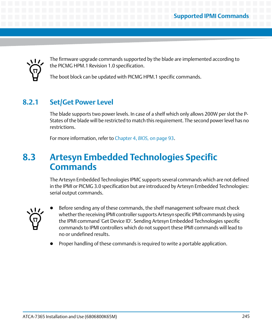 1 set/get power level, 3 artesyn embedded technologies specific commands | Artesyn ATCA-7365 Installation and Use (May 2014) User Manual | Page 245 / 300