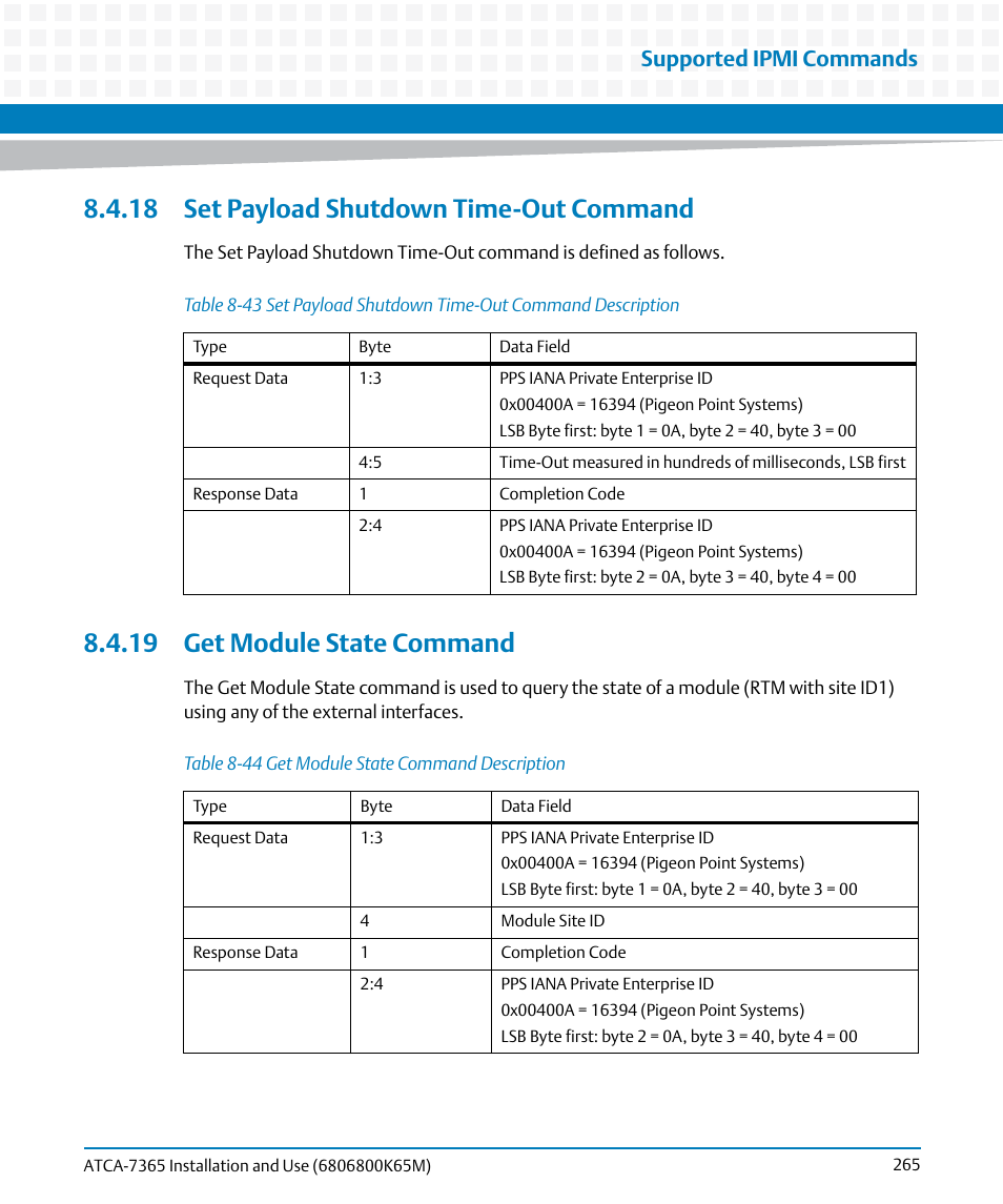 18 set payload shutdown time-out command, 19 get module state command, Table 8-43 | Set payload shutdown time-out command description, Table 8-44, Get module state command description, Ime-out, Supported ipmi commands | Artesyn ATCA-7365 Installation and Use (May 2014) User Manual | Page 265 / 300