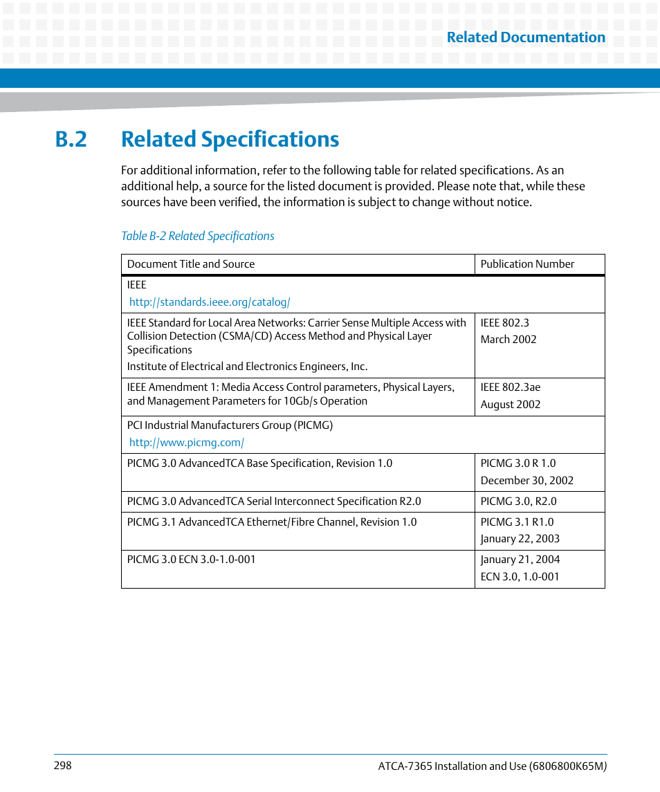 B.2 related specifications, Table b-2, Related specifications | Related documentation | Artesyn ATCA-7365 Installation and Use (May 2014) User Manual | Page 298 / 300