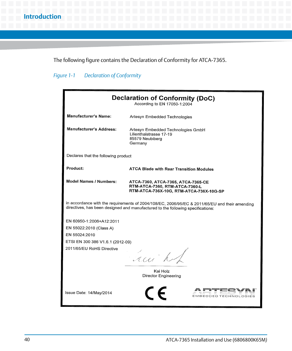 Figure 1-1, Declaration of conformity, Introduction | Artesyn ATCA-7365 Installation and Use (May 2014) User Manual | Page 40 / 300