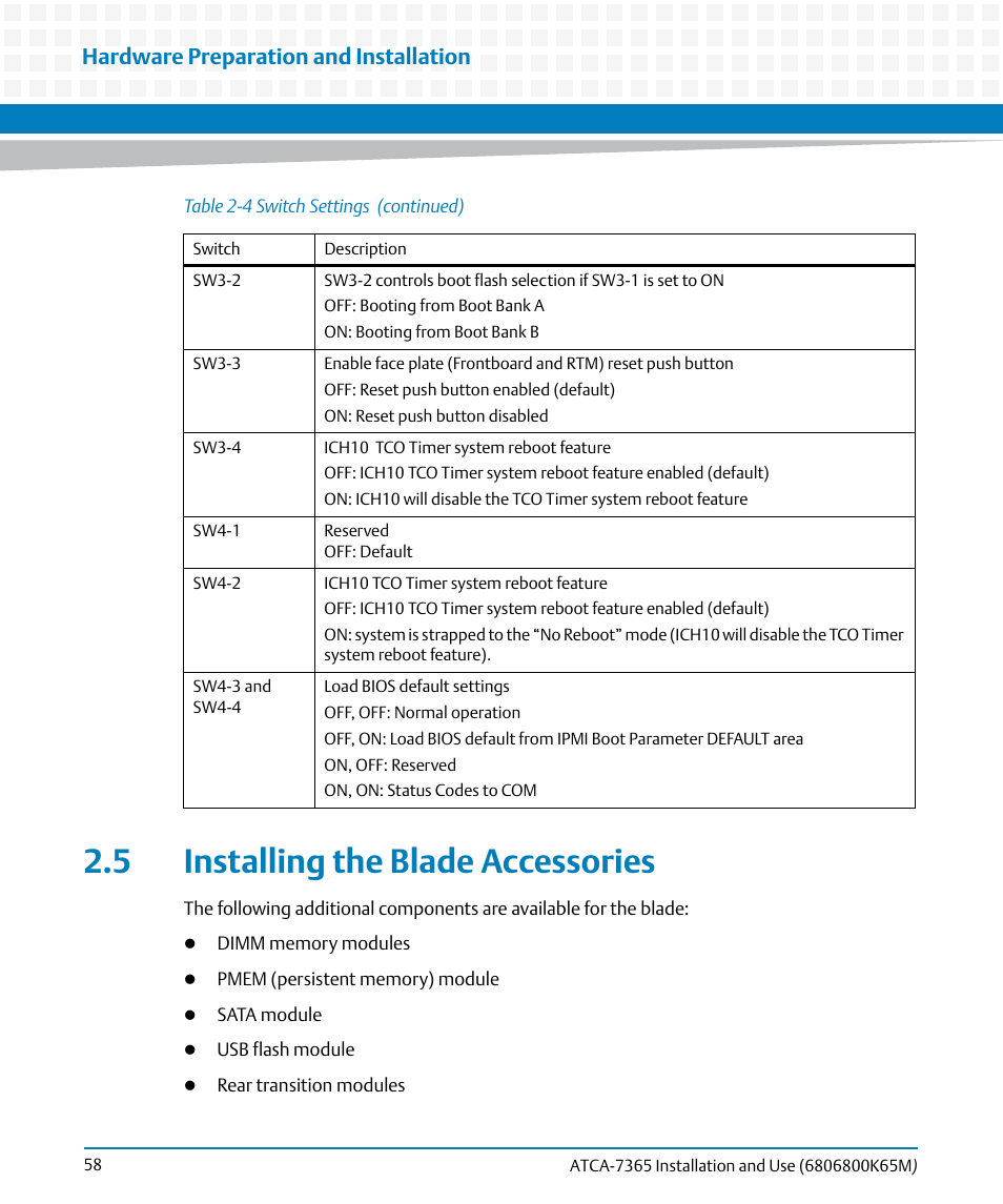 5 installing the blade accessories, Hardware preparation and installation | Artesyn ATCA-7365 Installation and Use (May 2014) User Manual | Page 58 / 300