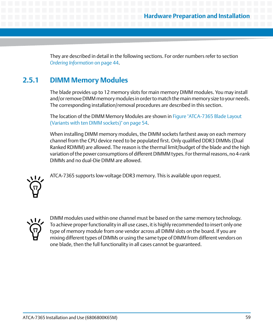 1 dimm memory modules, Dimm memory modules | Artesyn ATCA-7365 Installation and Use (May 2014) User Manual | Page 59 / 300