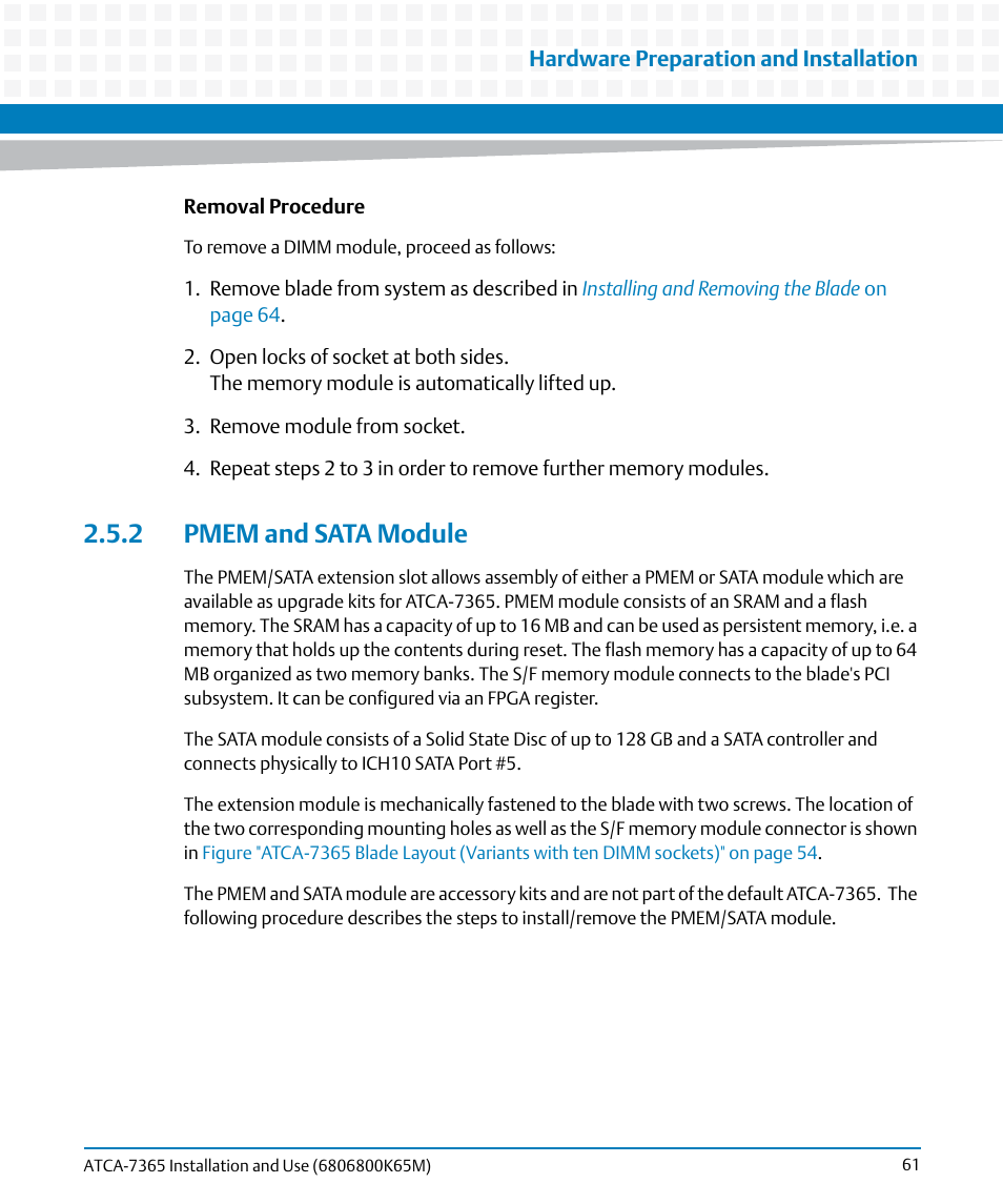 2 pmem and sata module | Artesyn ATCA-7365 Installation and Use (May 2014) User Manual | Page 61 / 300