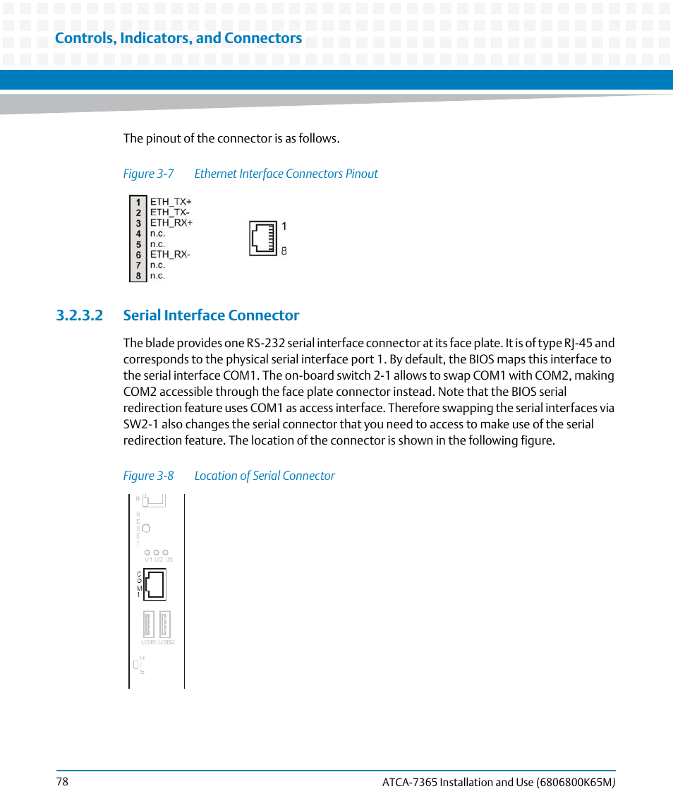 2 serial interface connector, Figure 3-7, Ethernet interface connectors pinout | Figure 3-8, Location of serial connector, Serial interface connector | Artesyn ATCA-7365 Installation and Use (May 2014) User Manual | Page 78 / 300