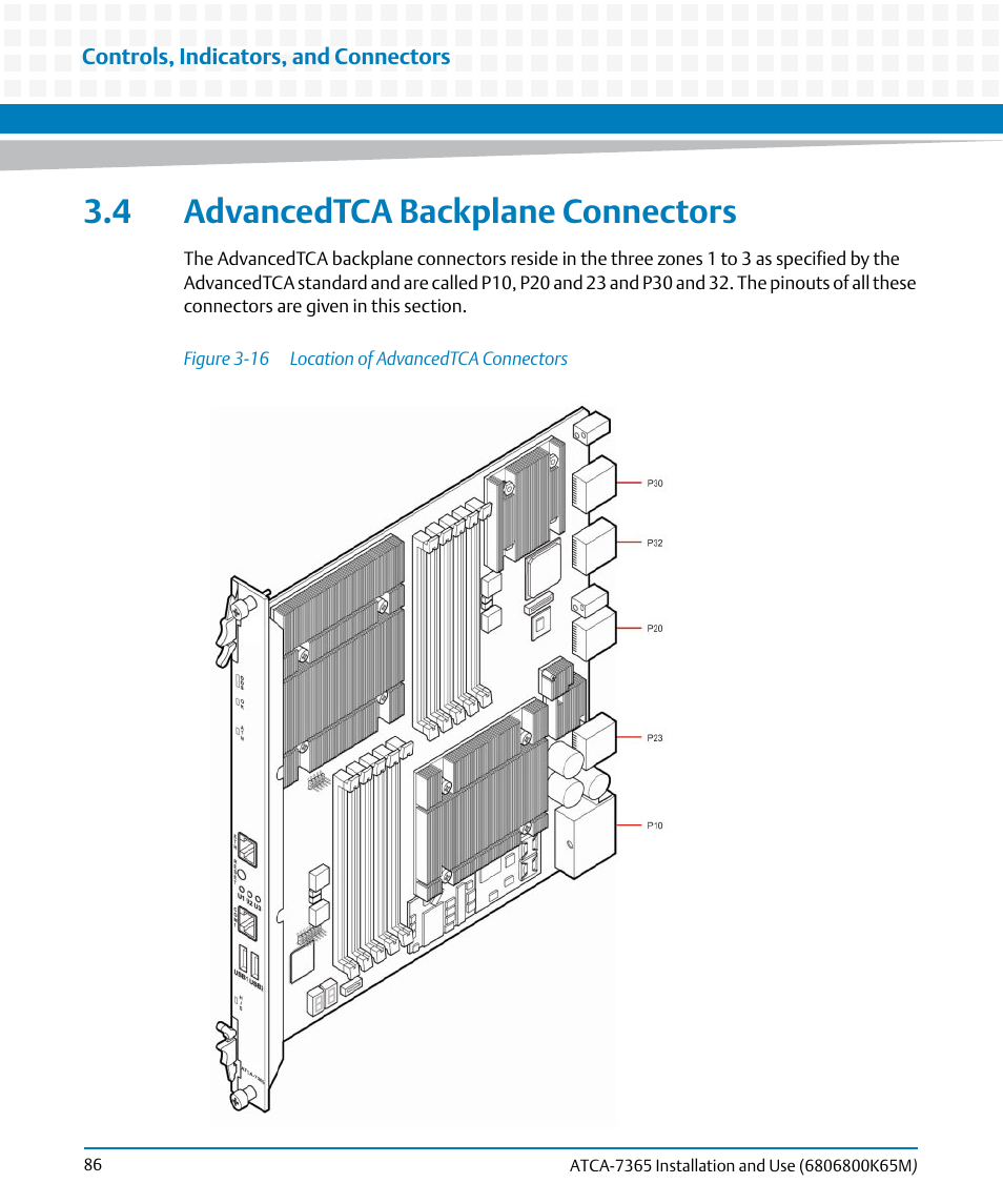 4 advancedtca backplane connectors, Figure 3-16, Location of advancedtca connectors | Figure "location of advancedtca connectors | Artesyn ATCA-7365 Installation and Use (May 2014) User Manual | Page 86 / 300