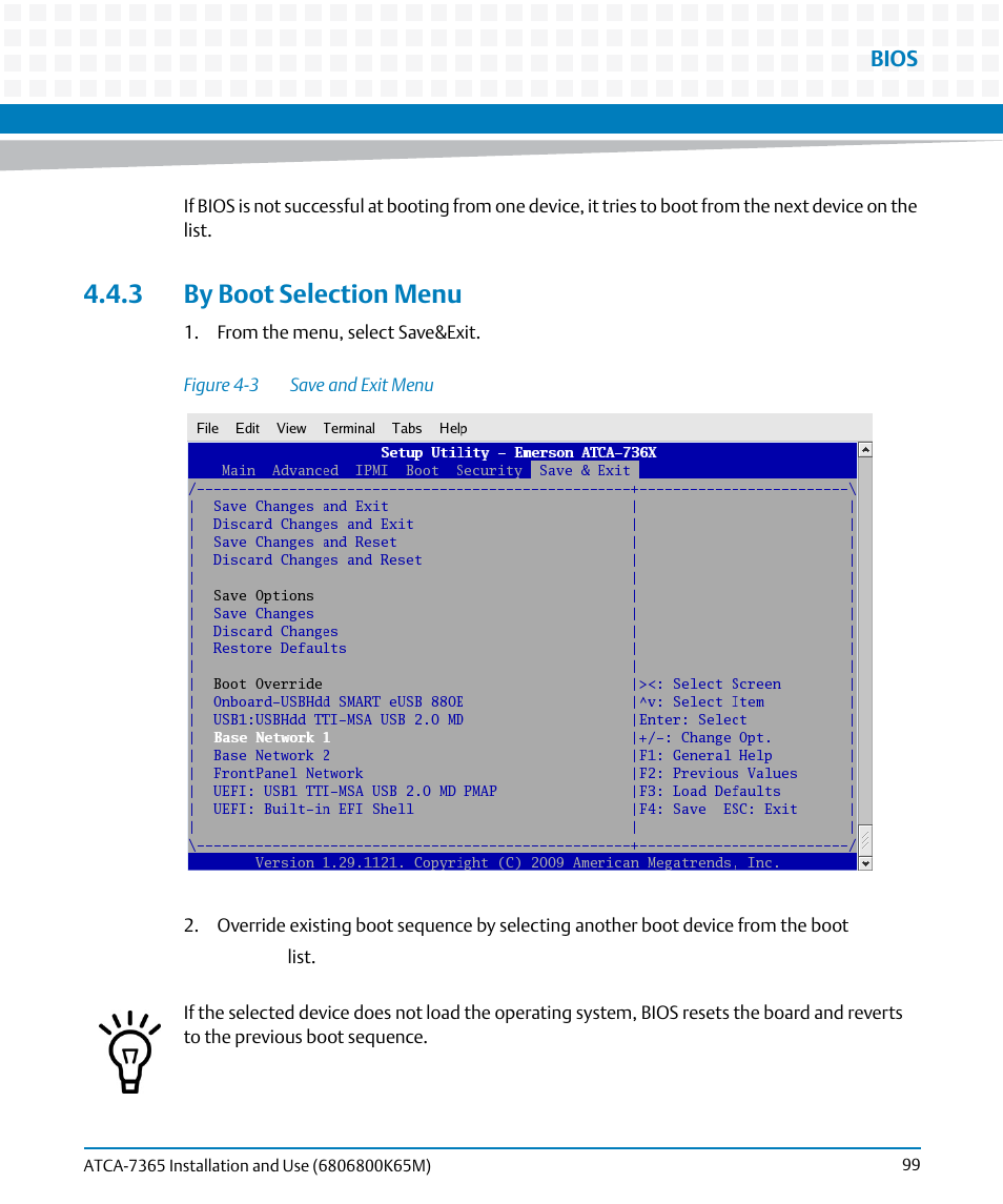 3 by boot selection menu, Figure 4-3, Save and exit menu | Artesyn ATCA-7365 Installation and Use (May 2014) User Manual | Page 99 / 300