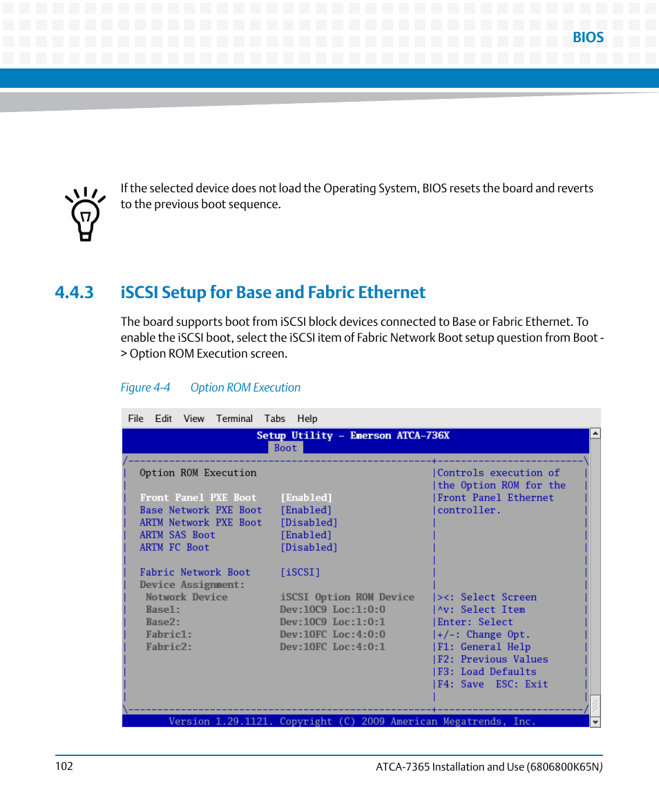 3 iscsi setup for base and fabric ethernet, Figure 4-4, Option rom execution | Artesyn ATCA-7365 Installation and Use (November 2014) User Manual | Page 102 / 306