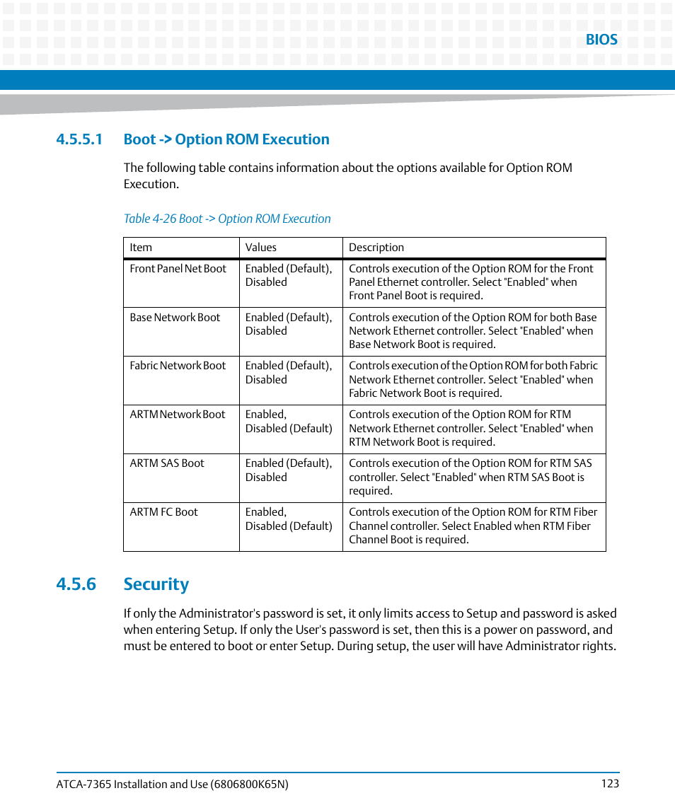 1 boot -> option rom execution, 6 security, Table 4-26 | Boot -> option rom execution, Bios | Artesyn ATCA-7365 Installation and Use (November 2014) User Manual | Page 123 / 306