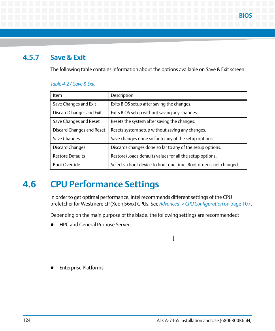 7 save & exit, 6 cpu performance settings, Table 4-27 | Save & exit, Cpu performance settings, Bios | Artesyn ATCA-7365 Installation and Use (November 2014) User Manual | Page 124 / 306