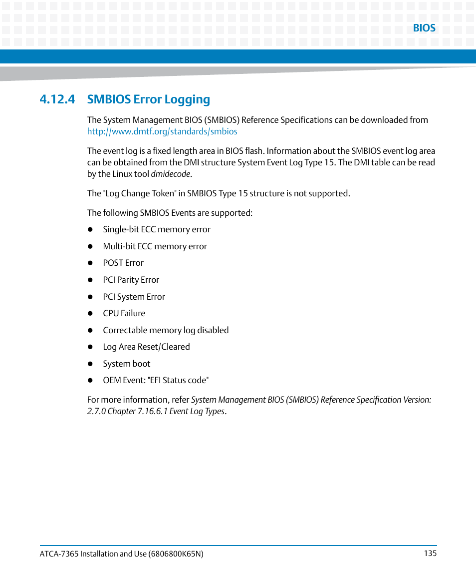 4 smbios error logging, Smbios error logging, Bios | Artesyn ATCA-7365 Installation and Use (November 2014) User Manual | Page 135 / 306