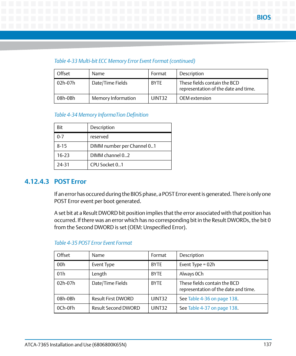 3 post error, Table 4-34, Memory information definition | Table 4-35, Post error event format, Bios | Artesyn ATCA-7365 Installation and Use (November 2014) User Manual | Page 137 / 306
