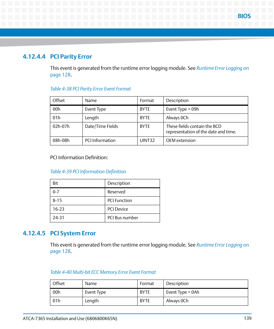 4 pci parity error, 5 pci system error, 4 pci parity error 4.12.4.5 pci system error | Table 4-38, Pci parity error event format, Table 4-39, Pci information definition, Table 4-40, Multi-bit ecc memory error event format, Bios | Artesyn ATCA-7365 Installation and Use (November 2014) User Manual | Page 139 / 306