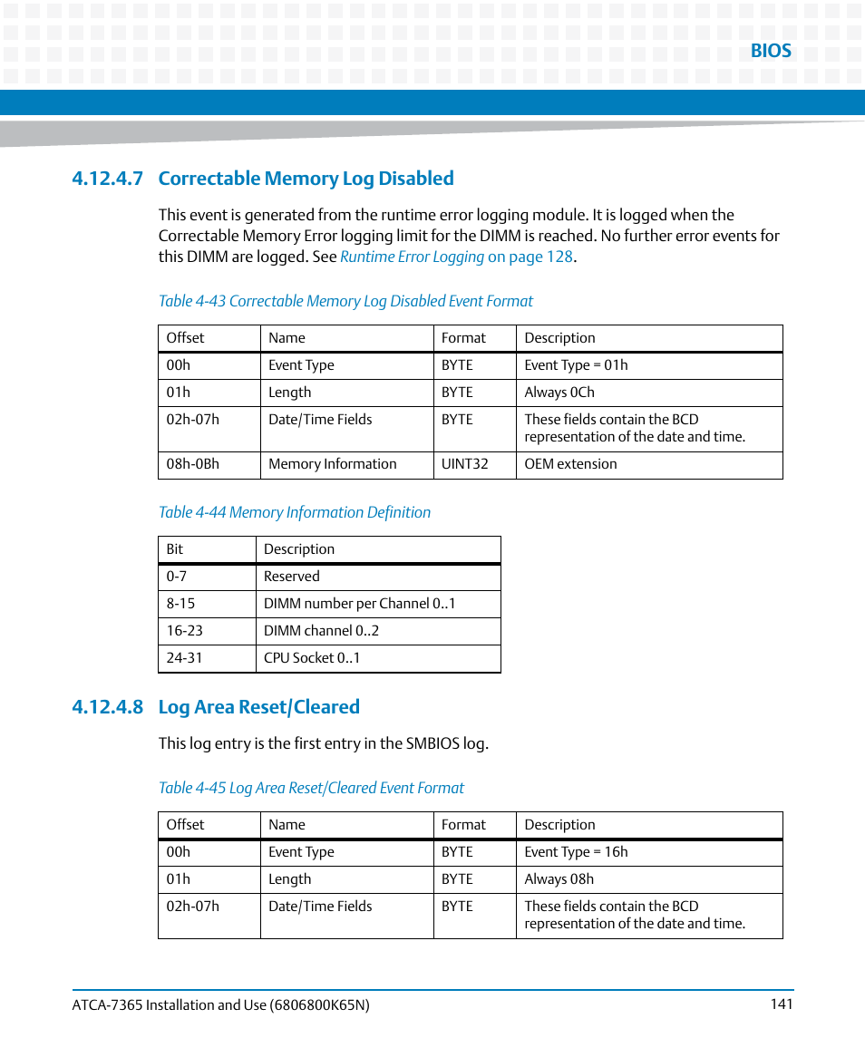 7 correctable memory log disabled, 8 log area reset/cleared, Table 4-43 | Correctable memory log disabled event format, Table 4-44, Memory information definition, Table 4-45, Log area reset/cleared event format, Bios | Artesyn ATCA-7365 Installation and Use (November 2014) User Manual | Page 141 / 306