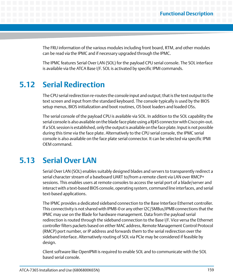 12 serial redirection, 13 serial over lan, 12 serial redirection 5.13 serial over lan | Artesyn ATCA-7365 Installation and Use (November 2014) User Manual | Page 159 / 306