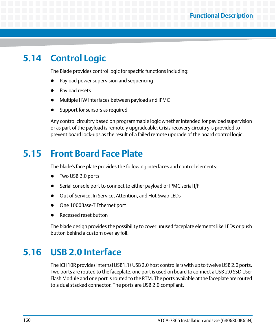 14 control logic, 15 front board face plate, 16 usb 2.0 interface | Artesyn ATCA-7365 Installation and Use (November 2014) User Manual | Page 160 / 306