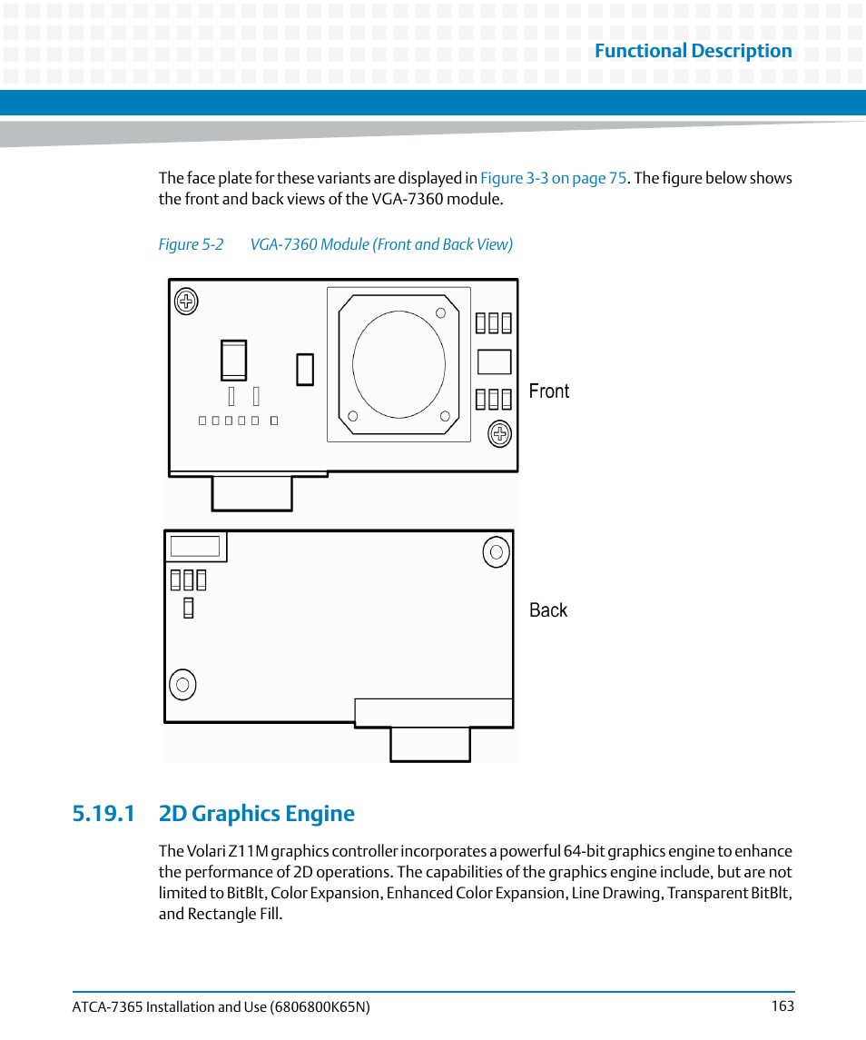 1 2d graphics engine, Figure 5-2, Vga-7360 module (front and back view) | Artesyn ATCA-7365 Installation and Use (November 2014) User Manual | Page 163 / 306