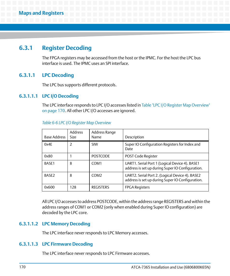 1 register decoding, 1 lpc decoding, Table 6-6 | Lpc i/o register map overview, Maps and registers | Artesyn ATCA-7365 Installation and Use (November 2014) User Manual | Page 170 / 306